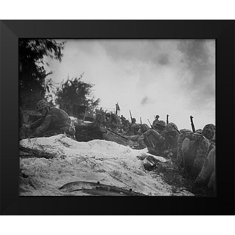 WWII assault troops await orders D-day at Saipan in the Marianas Black Modern Wood Framed Art Print by U.S. Archives