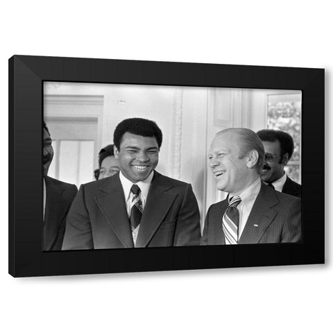 President Gerald R. Ford and Boxer Muhammad Ali in the Oval Office Black Modern Wood Framed Art Print with Double Matting by U.S. Archives