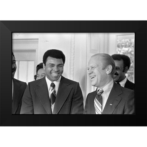 President Gerald R. Ford and Boxer Muhammad Ali in the Oval Office Black Modern Wood Framed Art Print by U.S. Archives