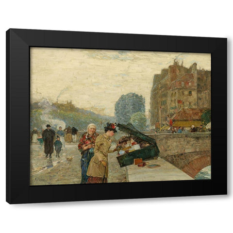 Quai St Michel Black Modern Wood Framed Art Print with Double Matting by Hassam, Childe