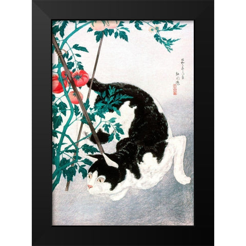 Cat with Tomato Plant Black Modern Wood Framed Art Print by Takahashi, Hiroaki