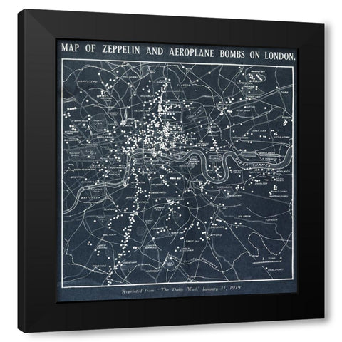 Map of Zeppelin and aeroplane bombs on London Black Modern Wood Framed Art Print with Double Matting by World War 1 Photograph
