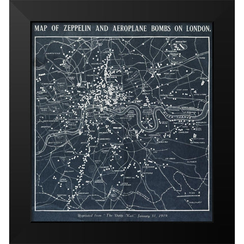 Map of Zeppelin and aeroplane bombs on London Black Modern Wood Framed Art Print by World War 1 Photograph