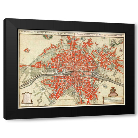 Map of Paris-France Black Modern Wood Framed Art Print by Delisle, Guillaume