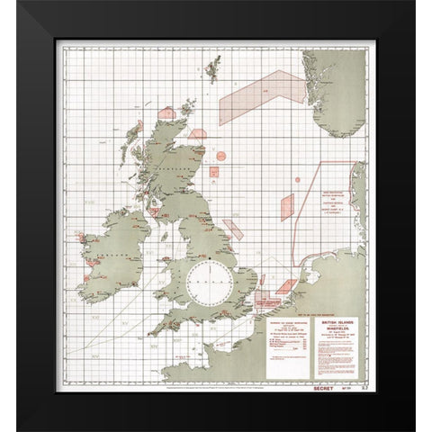 British Islands approximate positions of minefields 1918 Black Modern Wood Framed Art Print by Furlong, William Rea