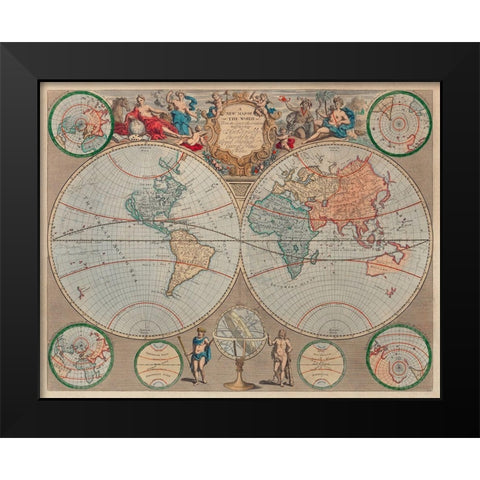 A new map of the world from the latest observations 1720 Black Modern Wood Framed Art Print by Senex, John
