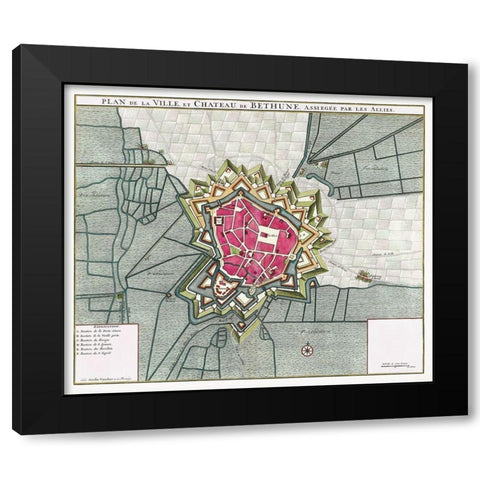 Map of Bethune-France Black Modern Wood Framed Art Print with Double Matting by Vintage Maps