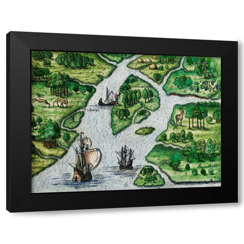 Port Royal-South Carolina illustration from Grand voyages 1596 Black Modern Wood Framed Art Print by Bry, Theodor de