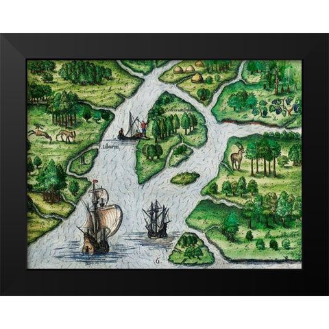 Port Royal-South Carolina illustration from Grand voyages 1596 Black Modern Wood Framed Art Print by Bry, Theodor de