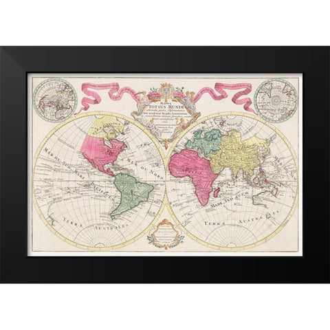 Mappa totius mundi adornata juxta observationes 1682 Black Modern Wood Framed Art Print by L isle, Guillaume de