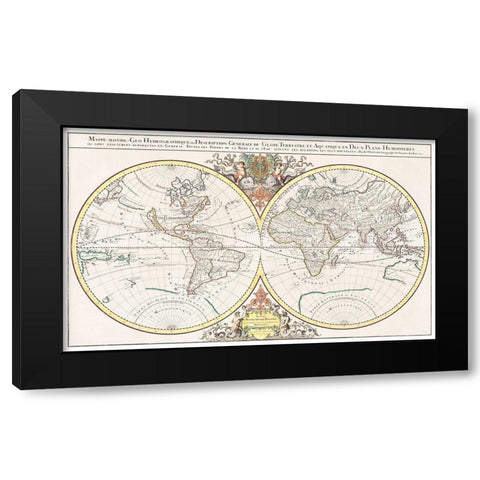 General description of the terrestrial and aquatic globe in two hemispherical planes 1691 Black Modern Wood Framed Art Print by Jaillot, Alexis Hubert