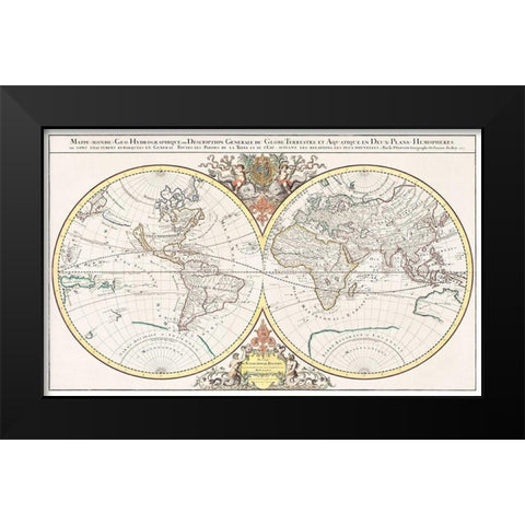 General description of the terrestrial and aquatic globe in two hemispherical planes 1691 Black Modern Wood Framed Art Print by Jaillot, Alexis Hubert