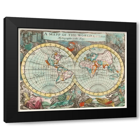 A mapp of the world 1682 Black Modern Wood Framed Art Print with Double Matting by Playford, John