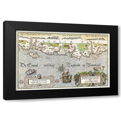 Map of the South England coast between the Isle of Wight and Dover Black Modern Wood Framed Art Print by Doetechum, Joannes van