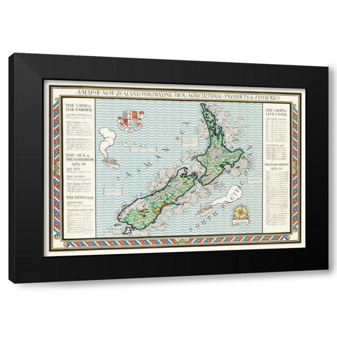 A Map of New Zealand 1913 Black Modern Wood Framed Art Print with Double Matting by Gil, MacDonald