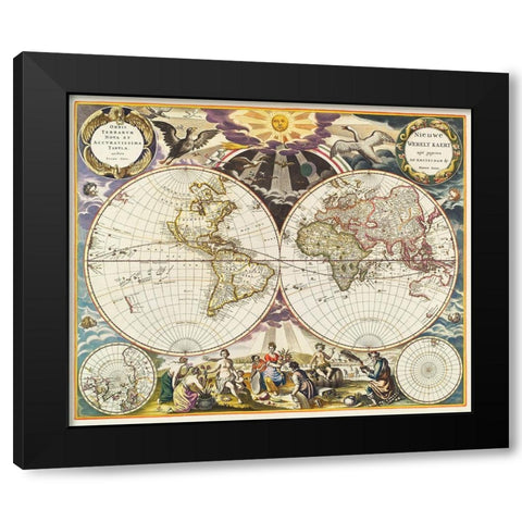 New World Map 1672 Black Modern Wood Framed Art Print by Mitchell, Samuel Augustus