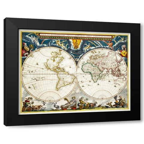 New and accurate map of the whole world Black Modern Wood Framed Art Print by Blaeu, Joan