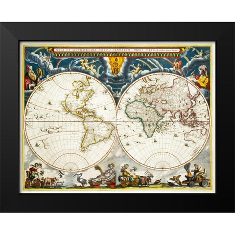 New and accurate map of the whole world Black Modern Wood Framed Art Print by Blaeu, Joan