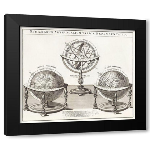 The typical representation of artificial spheres 1712 Black Modern Wood Framed Art Print by Homann, Johann Baptista