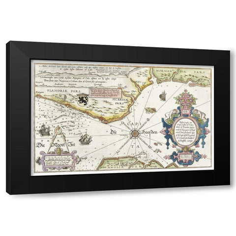 Map of the coasts of Flanders-Normandy and England 1581 Black Modern Wood Framed Art Print by Doetechum, Joannes van