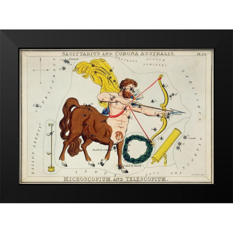 Astronomical chart illustration of Sagittarius and Corona Australis-Microscopium and Telescopium 183 Black Modern Wood Framed Art Print by Hall, Sidney