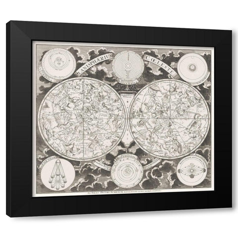 Sky map showing the northern and southern constellations 1705 Black Modern Wood Framed Art Print by Schenk, Pieter