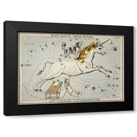 Astronomical chart illustration of the Monoceros-Canis Minor and the Atelier Typographique Black Modern Wood Framed Art Print by Hall, Sidney