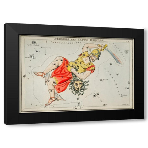 Astronomical chart illustration of the Perseus and the Caput Medusae Black Modern Wood Framed Art Print by Hall, Sidney