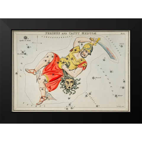 Astronomical chart illustration of the Perseus and the Caput Medusae Black Modern Wood Framed Art Print by Hall, Sidney