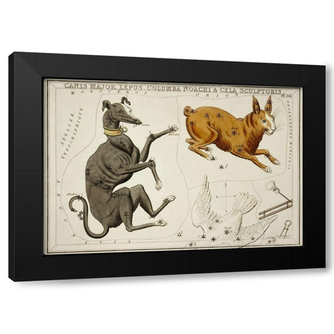 Astronomical chart illustration of the Canis Major-Lepus-Columba Noachi and the Cela Sculptoris Black Modern Wood Framed Art Print with Double Matting by Hall, Sidney