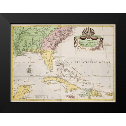 A map of Carolina-Florida and the Bahama Islands 1754 Black Modern Wood Framed Art Print by Catesby, Mark