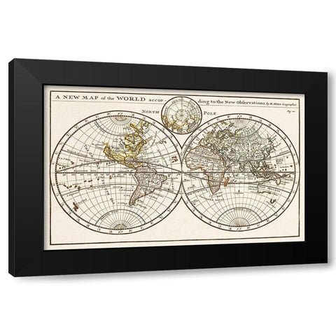 A new map of the world according to the new observations 1732 Black Modern Wood Framed Art Print with Double Matting by Moll, Herman