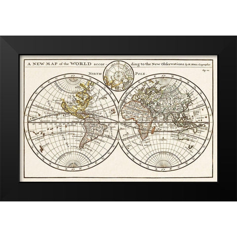 A new map of the world according to the new observations 1732 Black Modern Wood Framed Art Print by Moll, Herman