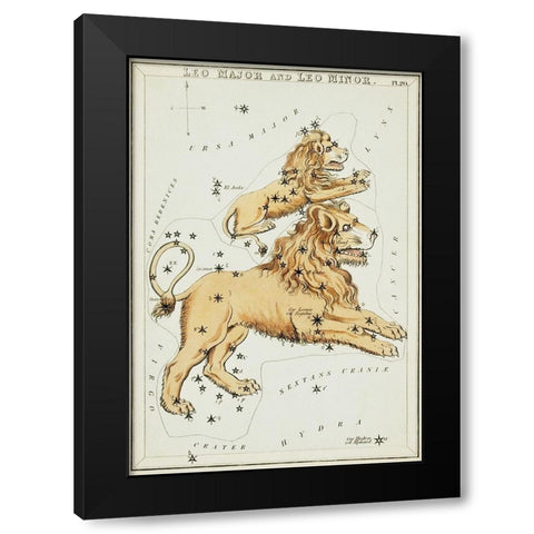 Astronomical chart illustration of the Leo Major and the Leo Minor Black Modern Wood Framed Art Print with Double Matting by Hall, Sidney