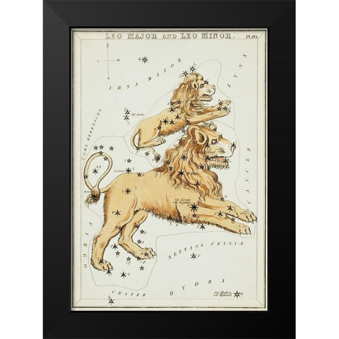 Astronomical chart illustration of the Leo Major and the Leo Minor Black Modern Wood Framed Art Print by Hall, Sidney