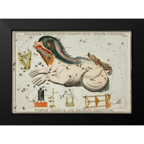 Astronomical chart illustration of the Psalterium Georgii-Fluvius Eridanus-Cetus-Officinal Scupltori Black Modern Wood Framed Art Print by Hall, Sidney