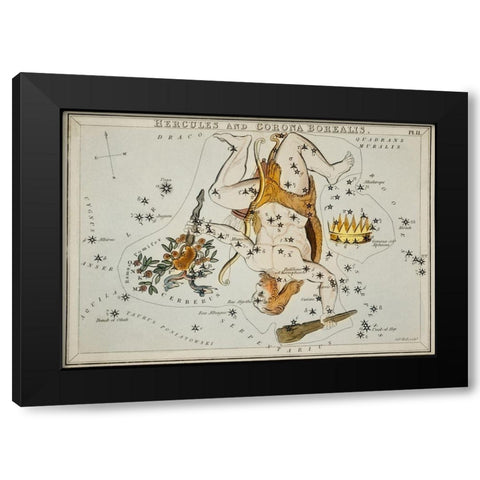 Astronomical chart illustration of the Hercules and the Corona Borealis Black Modern Wood Framed Art Print with Double Matting by Hall, Sidney