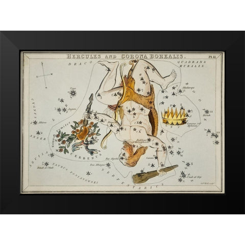 Astronomical chart illustration of the Hercules and the Corona Borealis Black Modern Wood Framed Art Print by Hall, Sidney