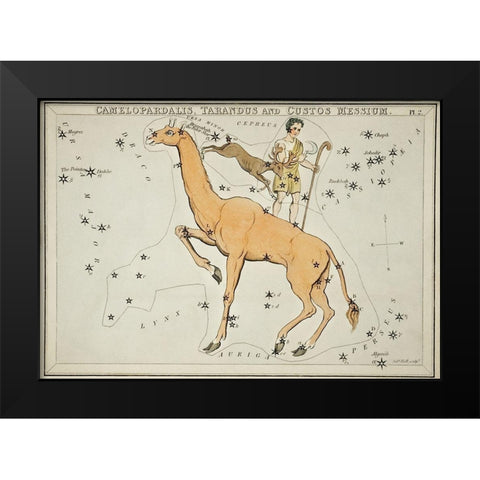 Astronomical chart illustration of the Camelopardalis-Tarandus and the Custos Messium Black Modern Wood Framed Art Print by Hall, Sidney