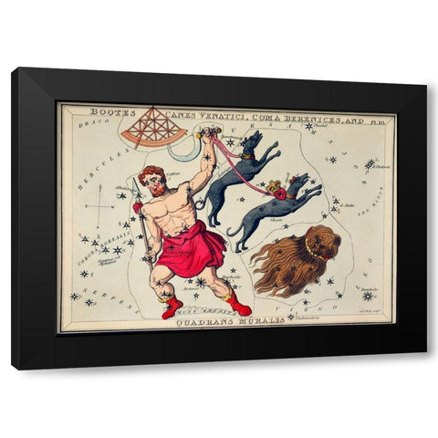 Astronomical chart illustration of Bootes Canes Venatici-Coma Berenices-and Quadrans Muralis Black Modern Wood Framed Art Print with Double Matting by Hall, Sidney