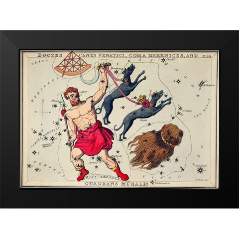 Astronomical chart illustration of Bootes Canes Venatici-Coma Berenices-and Quadrans Muralis Black Modern Wood Framed Art Print by Hall, Sidney