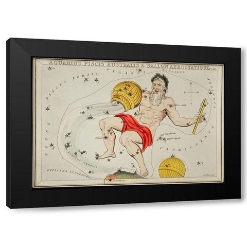 Astronomical chart illustration of the Zodiacs Aquaris-Piscis Australis and Ballon Aerostatique Black Modern Wood Framed Art Print by Hall, Sidney