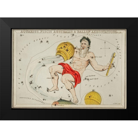 Astronomical chart illustration of the Zodiacs Aquaris-Piscis Australis and Ballon Aerostatique Black Modern Wood Framed Art Print by Hall, Sidney