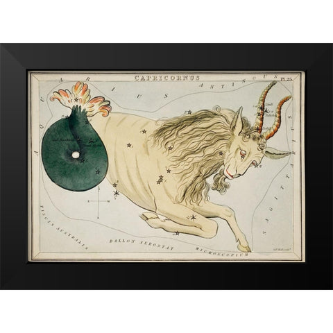Astronomical chart illustration of the Zodiac Capricornus Black Modern Wood Framed Art Print by Hall, Sidney