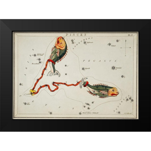 Astronomical chart illustration of the Pisces Black Modern Wood Framed Art Print by Hall, Sidney