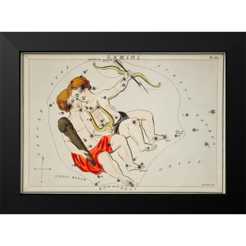 Astronomical chart illustration of the Zodiac Gemini Black Modern Wood Framed Art Print by Hall, Sidney