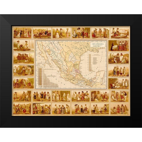 Ethnographic Map of Mexico Black Modern Wood Framed Art Print by Vintage Maps