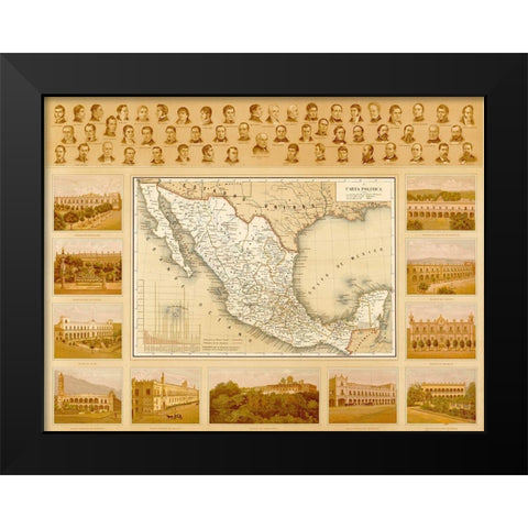 Political Map of Mexico Black Modern Wood Framed Art Print by Vintage Maps