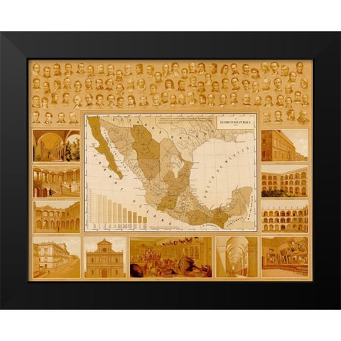 Public Education in Mexico Black Modern Wood Framed Art Print by Vintage Maps