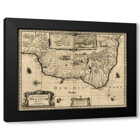 Brazil 1630 Black Modern Wood Framed Art Print with Double Matting by Vintage Maps
